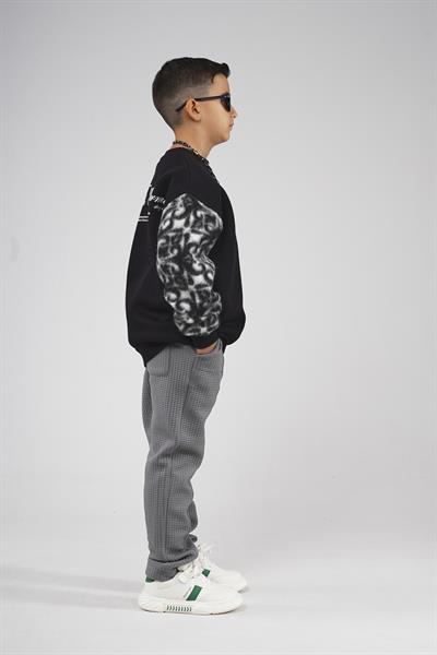 Kingbrich Kids Bisiklet Yaka Kolu Garnili Baskılı Çocuk Sweatshirt