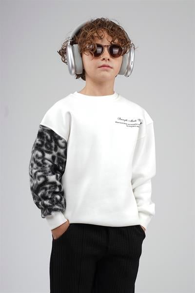 Kingbrich Kids Bisiklet Yaka Kolu Garnili Baskılı Çocuk Sweatshirt