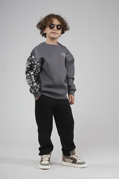 Kingbrich Kids Bisiklet Yaka Kolu Garnili Baskılı Çocuk Sweatshirt