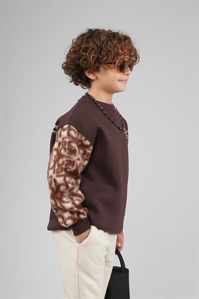 Kingbrich Kids Bisiklet Yaka Kolu Garnili Baskılı Çocuk Sweatshirt