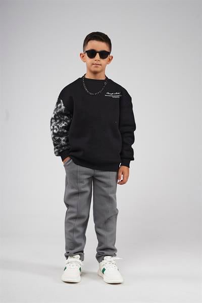 Kingbrich Kids Bisiklet Yaka Kolu Garnili Baskılı Çocuk Sweatshirt