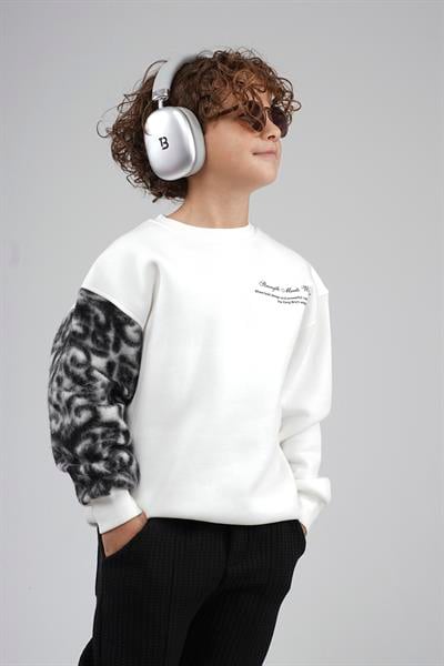 Kingbrich Kids Bisiklet Yaka Kolu Garnili Baskılı Çocuk Sweatshirt