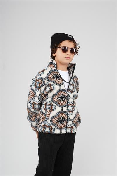 Kingbrich Kids Dik Yaka Fermuarlı Desenli Çocuk Polar