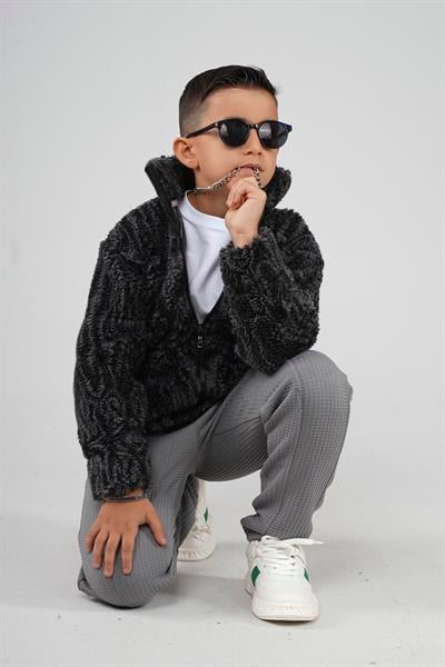 Kingbrich Kids Dik Yaka Fermuarlı Desenli Çocuk Polar