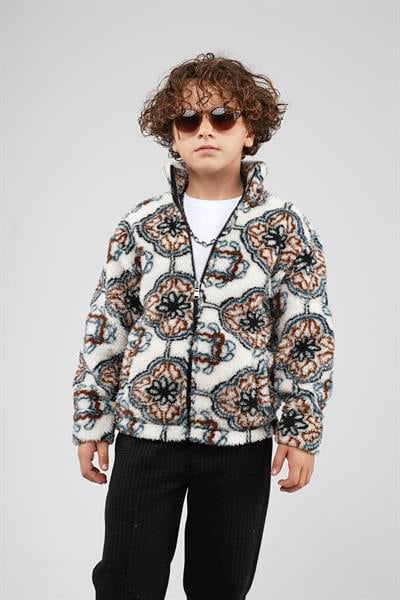 Kingbrich Kids Dik Yaka Fermuarlı Desenli Çocuk Polar