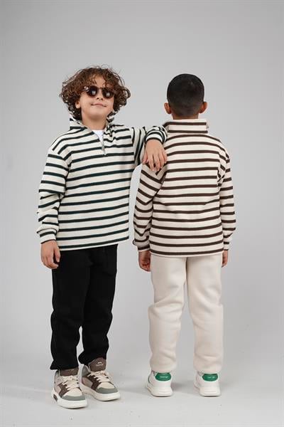 Kingbrich Kids Oversize Kalıp Çizgili Yakası Fermuarlı Sweatshirt