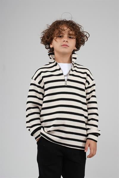 Kingbrich Kids Oversize Kalıp Çizgili Yakası Fermuarlı Sweatshirt