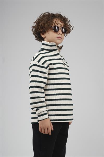 Kingbrich Kids Oversize Kalıp Çizgili Yakası Fermuarlı Sweatshirt