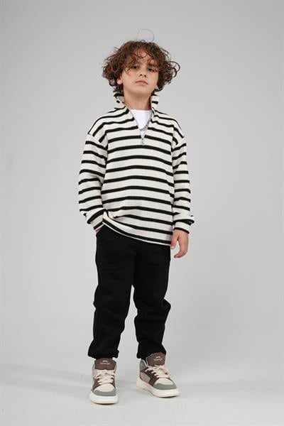 Kingbrich Kids Oversize Kalıp Çizgili Yakası Fermuarlı Sweatshirt