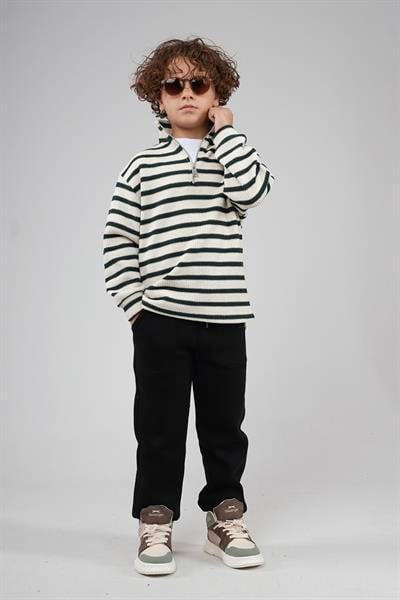 Kingbrich Kids Oversize Kalıp Çizgili Yakası Fermuarlı Sweatshirt