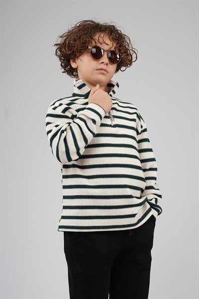 Kingbrich Kids Oversize Kalıp Çizgili Yakası Fermuarlı Sweatshirt