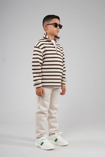 Kingbrich Kids Oversize Kalıp Çizgili Yakası Fermuarlı Sweatshirt