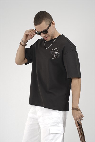 Nakış Detaylı Baskılı Erkek Oversize Kalıp Tişört