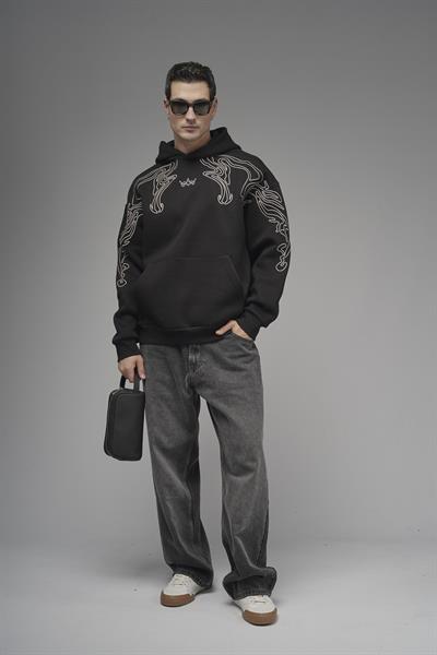 Nakış Detaylı Oversize Kalıp Kapüşonlu Sweatshirt
