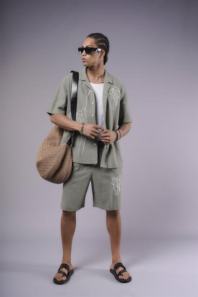 Nakış Detaylı Pamuk Keten Şort Takım