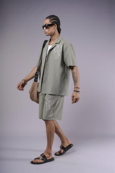 Nakış Detaylı Pamuk Keten Şort Takım