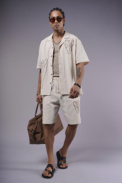 Nakış Detaylı Pamuk Keten Şort Takım