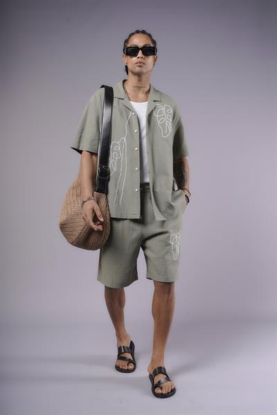 Nakış Detaylı Pamuk Keten Şort Takım