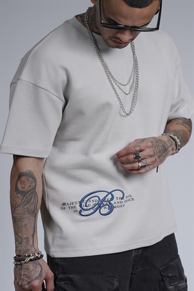 Nakışlı Sırtı Baskılı Biyeli Oversize Kalıp Unisex Tişört