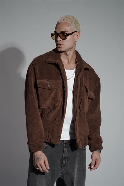 Oversize Kalıp Çıtçıt Kapamalı Logo Detaylı Peluş Ceket