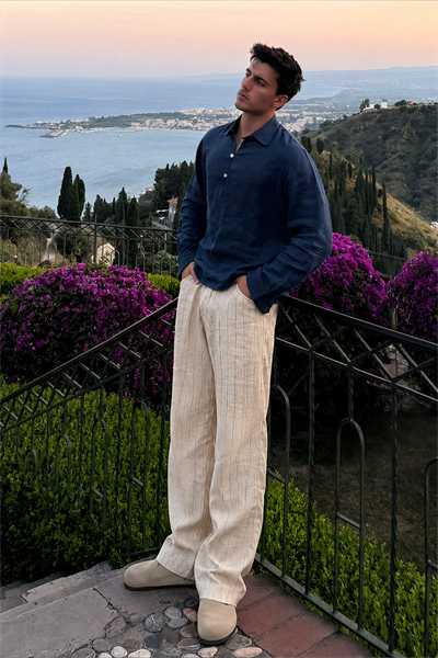 Pileli Baggy Fit Kalıp Pamuklu Keten Çizgili Pantolon