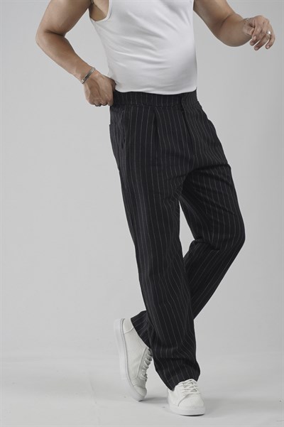 Pileli Baggy Fit Kalıp Pamuklu Keten Çizgili Pantolon