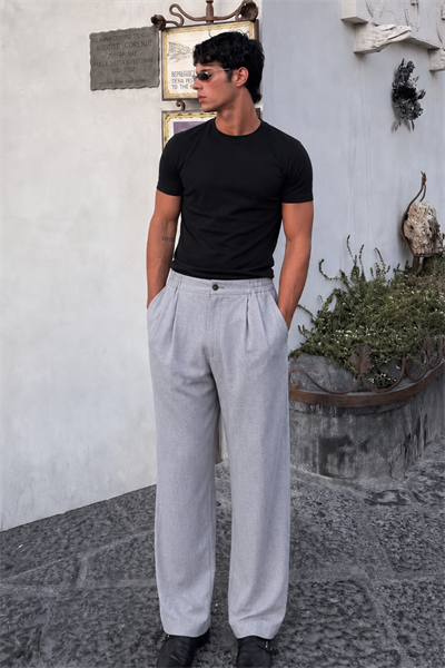 Pileli Baggy Fit Kalıp Pamuklu Keten Çizgili Pantolon