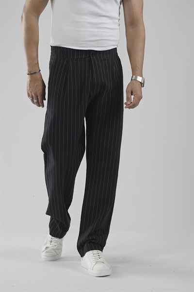 Pileli Baggy Fit Kalıp Pamuklu Keten Çizgili Pantolon