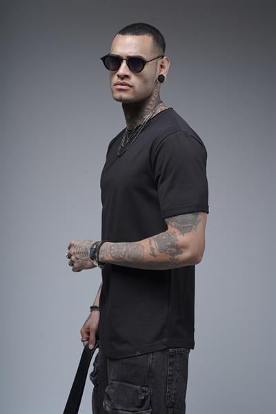 Pis Yaka Kolu Katlamalı Regular Kalıp Düz Basic Erkek Tişört