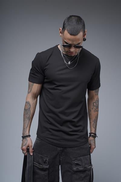 Pis Yaka Kolu Katlamalı Regular Kalıp Düz Basic Erkek Tişört