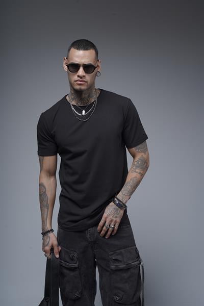 Pis Yaka Kolu Katlamalı Regular Kalıp Düz Basic Erkek Tişört