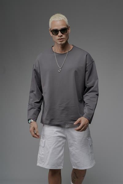 Pis Yaka Oversize Kalıp Düz Sweatshirt