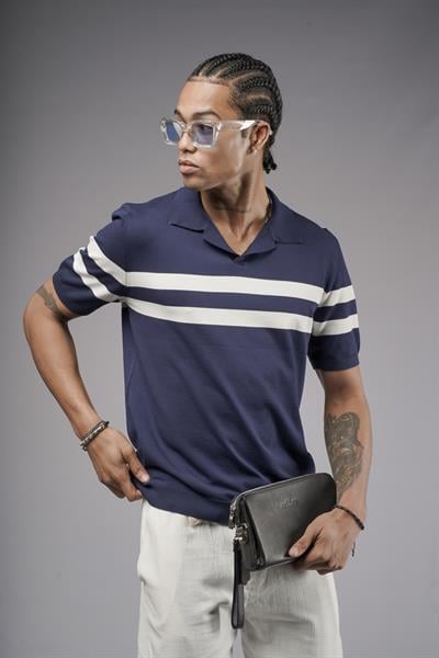 Polo Yaka Şeritli Regular Kalıp Erkek Triko Tişört