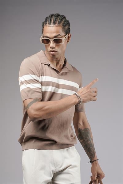 Polo Yaka Şeritli Regular Kalıp Erkek Triko Tişört