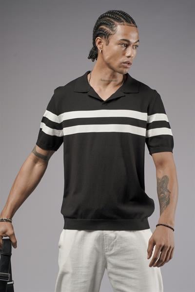 Polo Yaka Şeritli Regular Kalıp Erkek Triko Tişört