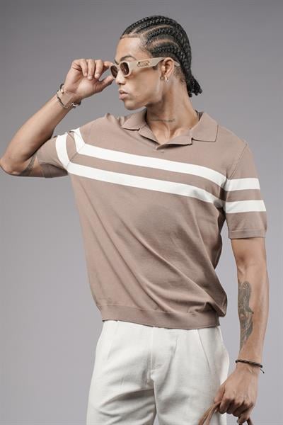 Polo Yaka Şeritli Regular Kalıp Erkek Triko Tişört