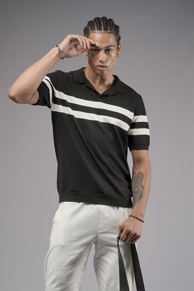 Polo Yaka Şeritli Regular Kalıp Erkek Triko Tişört