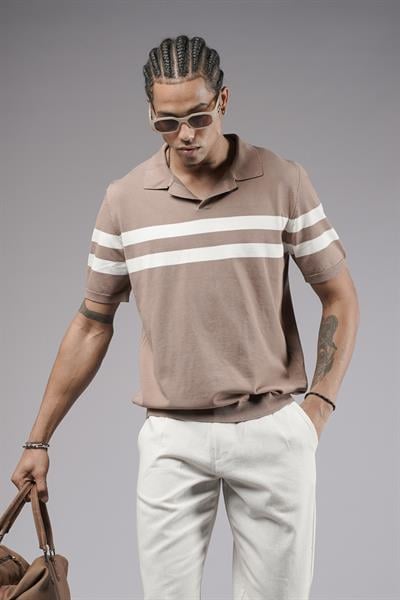 Polo Yaka Şeritli Regular Kalıp Erkek Triko Tişört