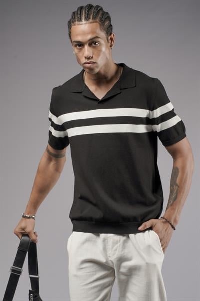 Polo Yaka Şeritli Regular Kalıp Erkek Triko Tişört