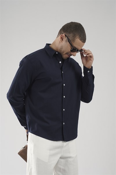 Regular Kalıp Likralı Keten Erkek Gömlek