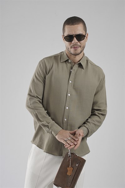 Regular Kalıp Müslin Kumaş %100 Pamuklu  Erkek Düz Renk Gömlek