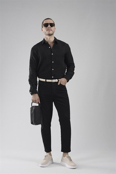 Regular Kalıp Nakış Detaylı Kafes Kumaş Nefes Alan %100 Pamuklu Erkek Gömlek