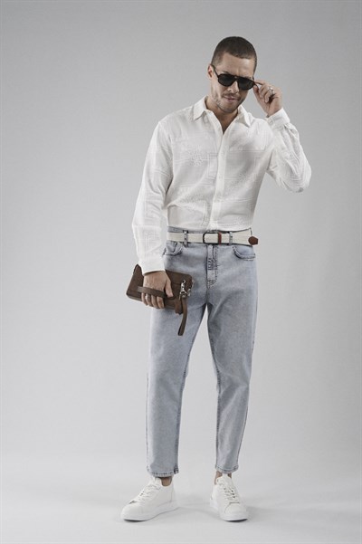 Regular Kalıp Nakış Detaylı Kafes Kumaş Nefes Alan %100 Pamuklu Erkek Gömlek