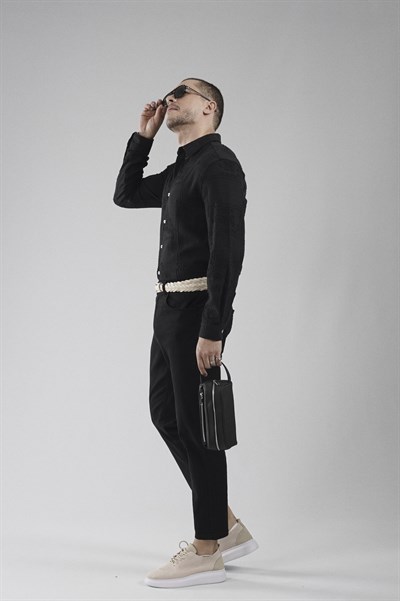 Regular Kalıp Nakış Detaylı Kafes Kumaş Nefes Alan %100 Pamuklu Erkek Gömlek