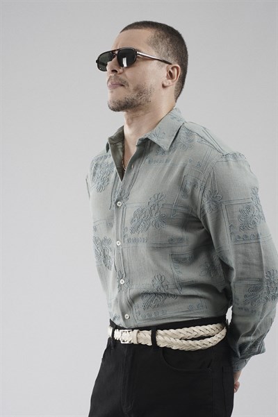 Regular Kalıp Nakış Detaylı Kafes Kumaş Nefes Alan %100 Pamuklu Erkek Gömlek