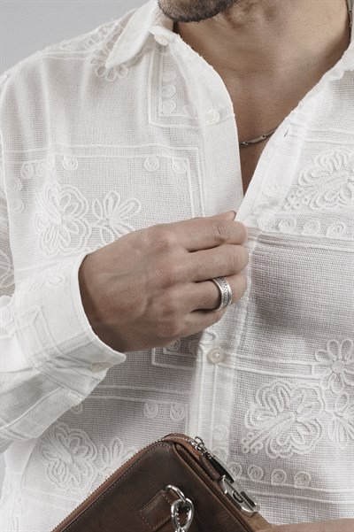 Regular Kalıp Nakış Detaylı Kafes Kumaş Nefes Alan %100 Pamuklu Erkek Gömlek