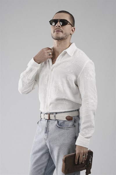 Regular Kalıp Nakış Detaylı Kafes Kumaş Nefes Alan %100 Pamuklu Erkek Gömlek