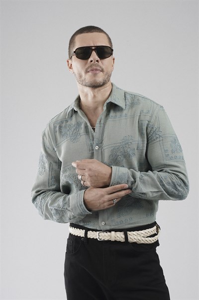 Regular Kalıp Nakış Detaylı Kafes Kumaş Nefes Alan %100 Pamuklu Erkek Gömlek