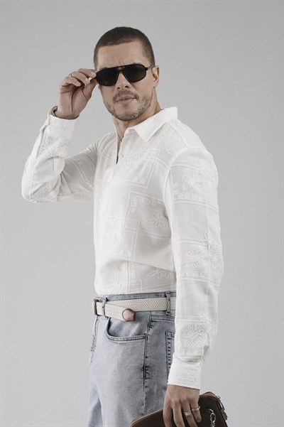 Regular Kalıp Nakış Detaylı Kafes Kumaş Nefes Alan %100 Pamuklu Erkek Gömlek