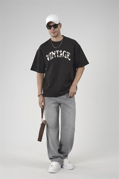 Vıntage Yazılı Bisiklet Yaka Oversize Kalıp Erkek Tişört